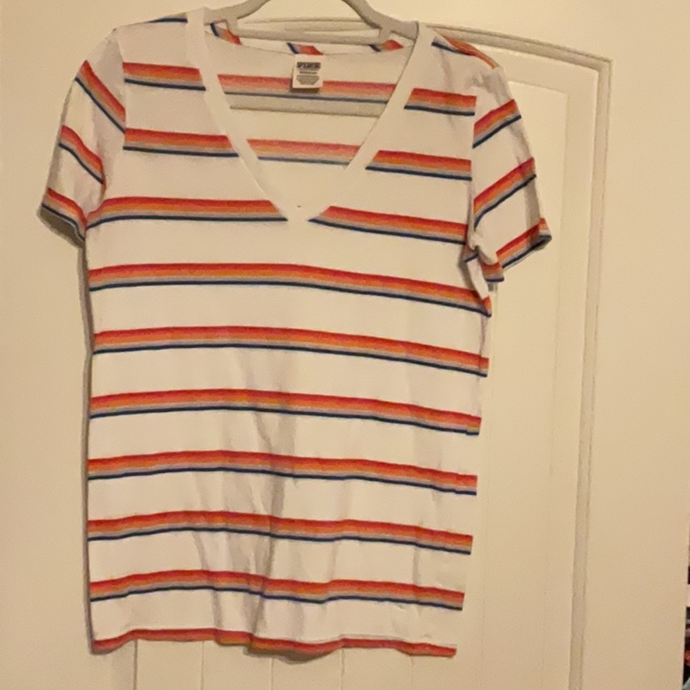 PINK Victoria's Secret Multicolor Striped V-Neck Tee